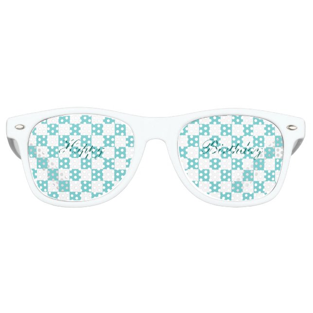 Teal Sky Chequerboard Happy Birthday Retro Sunglasses (Front)