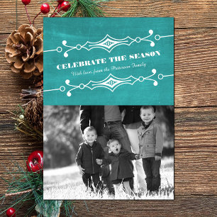 Teal Slanted Chalkboard Holiday Photo Flat Card