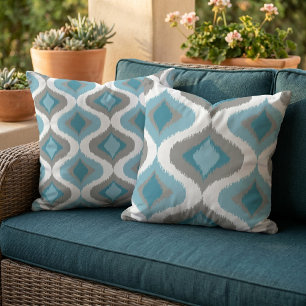 Teal Slate Blue Grey Retro Ikat Drops Pattern Cushion
