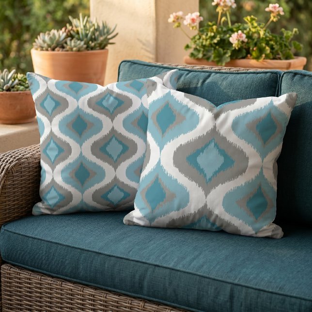 Teal Slate Blue Grey Retro Ikat Drops Pattern Cushion (Creator Uploaded)