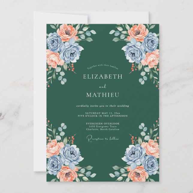 Teal Slate Ranunculus Eucalyptus Wedding Invitation (Front)
