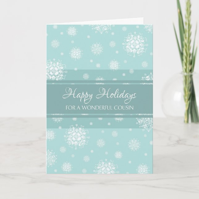 Teal Snow Cousin Happy Holidays Christmas Card (Front)