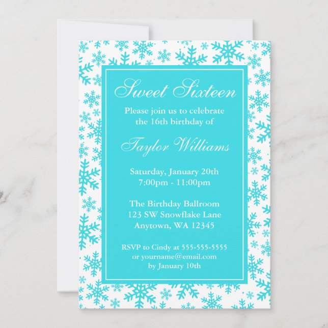Teal Snowflake Border Winter Wonderland Sweet 16 Invitation (Front)