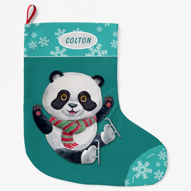 Teal Snowflake Ice Skating Panda Bear  Large Christmas Stocking (Front)