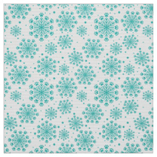 Teal Snowflake on white with paw print pattern Fabric