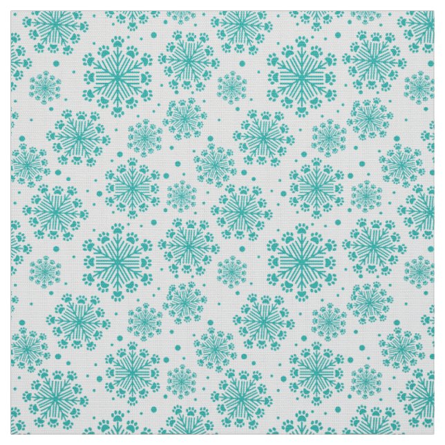 Teal Snowflake on white with paw print pattern Fabric (Swatch)