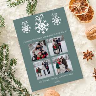 Teal Snowflake Ornaments Photo Collage Holiday Card