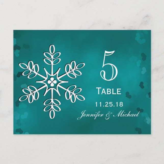 Teal Snowflake Wedding Table Number Cards (Front)