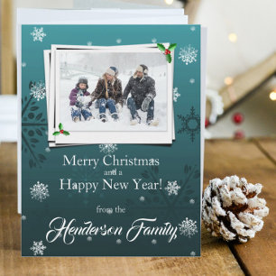 Teal Snowflakes Flat Holiday Photo Card
