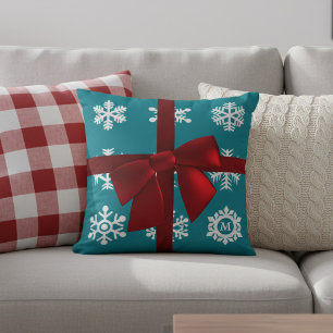 Teal Snowflakes Red Bow Christmas Throw Pillow