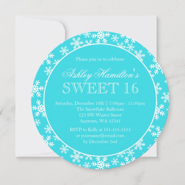 Teal Snowflakes Sweet 16 Winter Wonderland Round Invitation (Front)