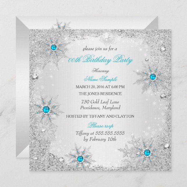 Teal Snowflakes Winter Wonderland Birthday Party Invitation (Front/Back)