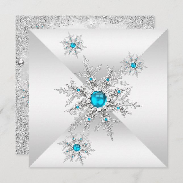 Teal Snowflakes Winter Wonderland Birthday Party Invitation (Front/Back)