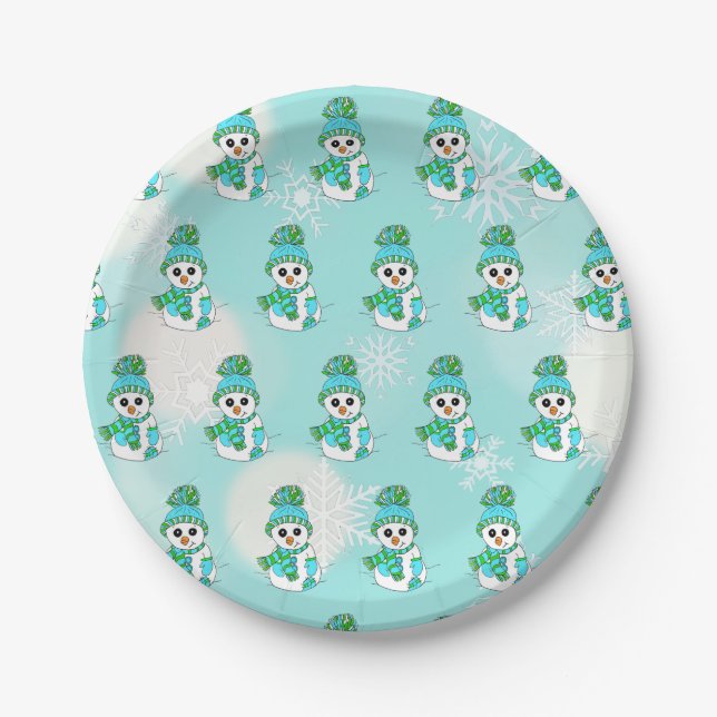 Teal Snowman and Snowflakes holiday Christmas Paper Plate (Front)