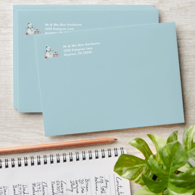 Teal Snowman Custom Return Address Holiday Envelope (Stacked)