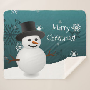 Teal Snowman Winter Christmas Sherpa Blanket