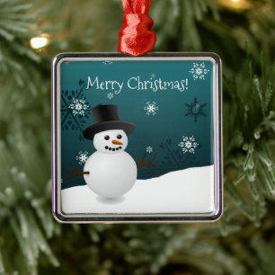 Teal Snowman Winter Scene Ceramic Ornament