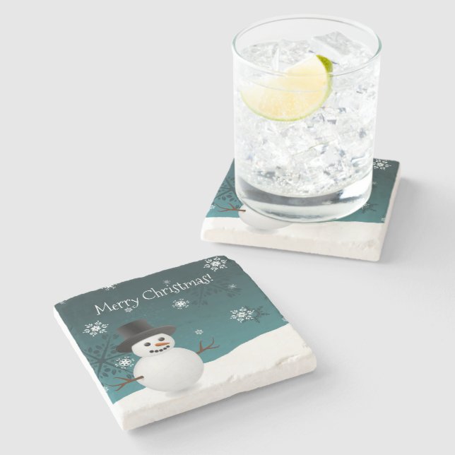 Teal Snowman Winter Scene Christmas Stone Coaster (Side)