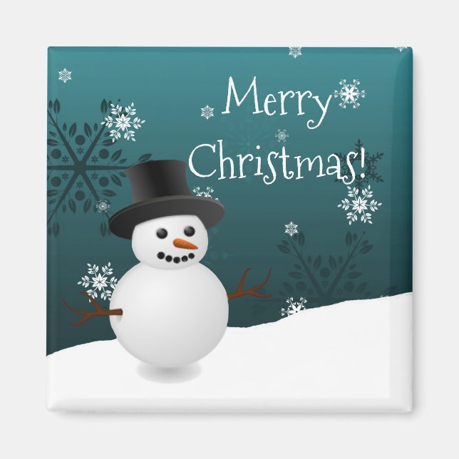 Teal Snowman Winter Scenery Christmas Magnet (Front)