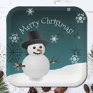 Teal Snowman Winter Scenery Christmas Paper Plate
