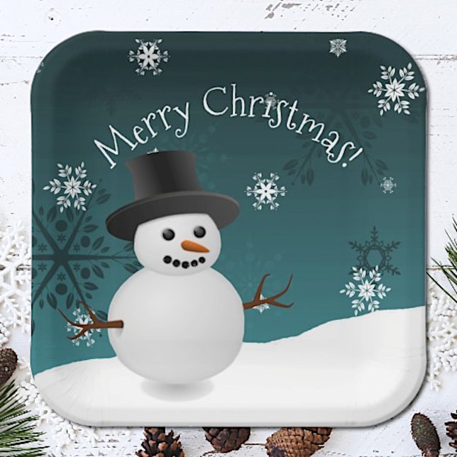 Teal Snowman Winter Scenery Christmas Paper Plate (Teal Snowman Winter Scenery Christmas Paper Plates)