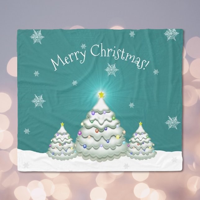 Teal Snowy Christmas Tree Blanket (Teal Christmas Tree Fleece Blanket)