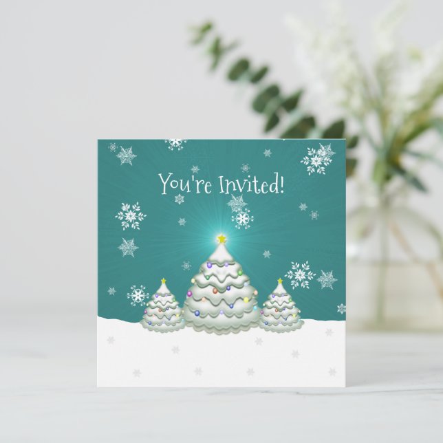 Teal Snowy Christmas Tree Invitation (Standing Front)