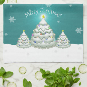 Teal Snowy Christmas Tree Kitchen Towel