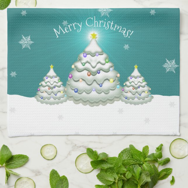 Teal Snowy Christmas Tree Kitchen Towel (Folded)