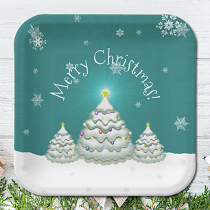 Teal Snowy Christmas Tree Paper Plate