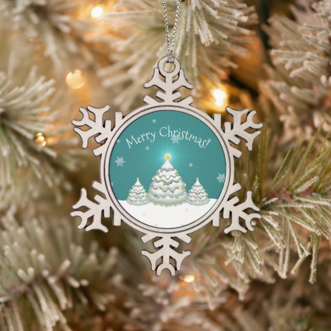 Teal Snowy Christmas Tree Snowflake Ornament (Tree)