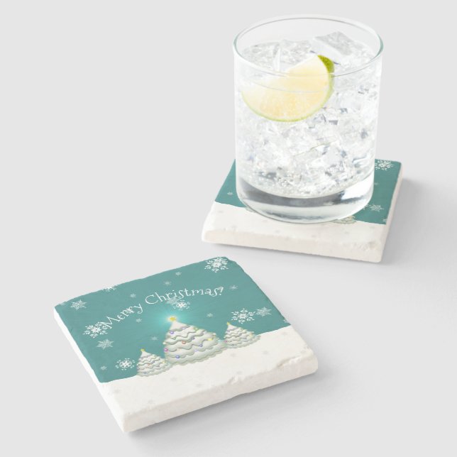 Teal Snowy Christmas Tree Stone Coaster (Side)