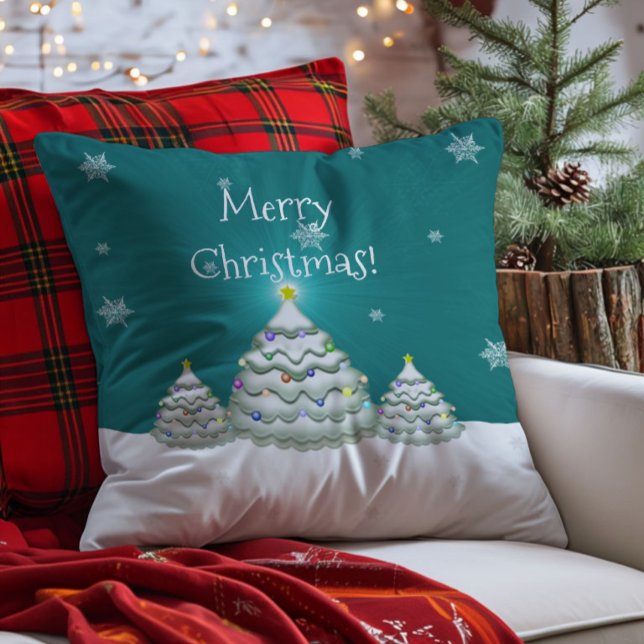 Teal Snowy Christmas Tree Throw Pillow (Teal Christmas Tree Throw Pillow)