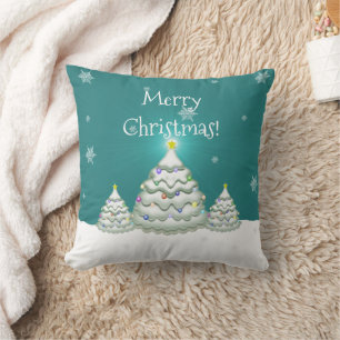 Teal Snowy Christmas Tree Throw Pillow