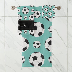 Teal Soccer Balls Pattern Kid Boy Girl Player Name Bath Towel Set