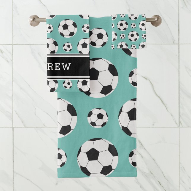Teal Soccer Balls Pattern Kid Boy Girl Player Name Bath Towel Set (Creator Uploaded)