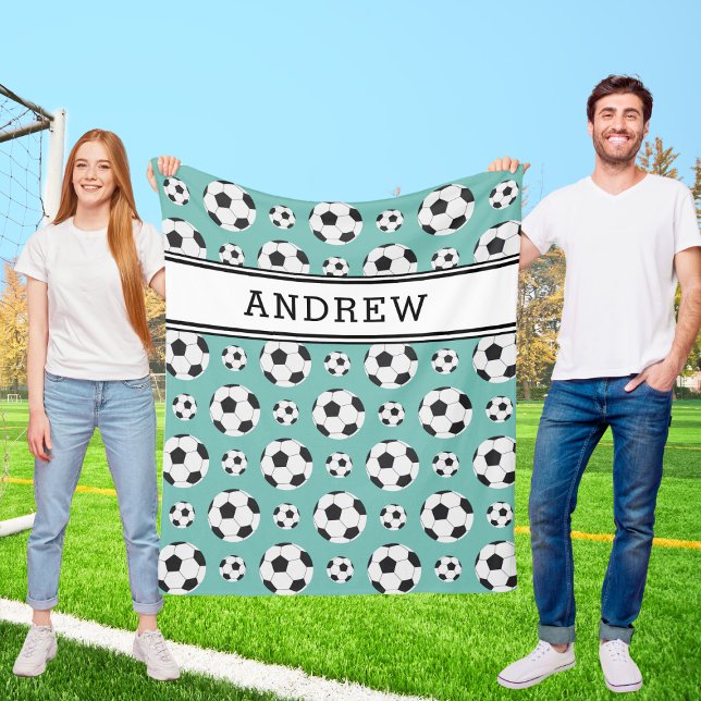 Teal Soccer Balls Pattern Kid Boy Girl Player Name Fleece Blanket (Creator Uploaded)