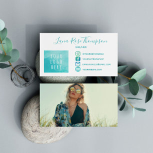 Teal Social Media Icons Photo Logo Pronouns Business Card