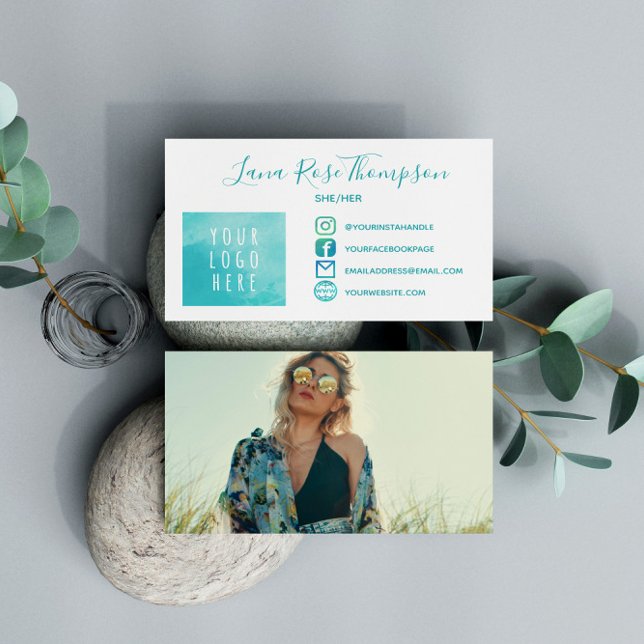 Teal Social Media Icons Photo Logo Pronouns Business Card (Creator Uploaded)