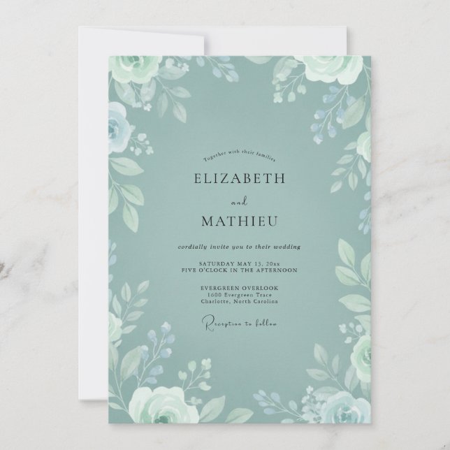 Teal Soft Botanical Flourish Wedding Invitation (Front)
