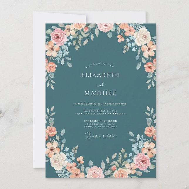 Teal Soft Floral Romance Wedding Invitation (Front)
