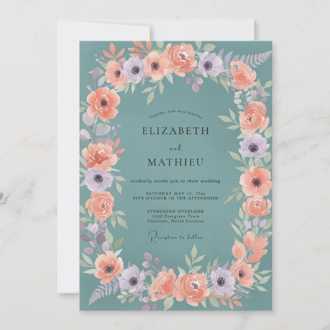 Teal Soft Floral Wreath Wedding Invitation (Front)