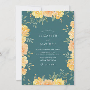 Teal Soft Gold Blossom Wedding Invitation
