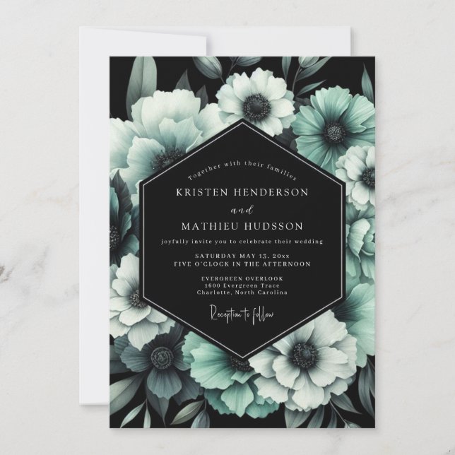 Teal Somber Bloom Wedding Invitation (Front)