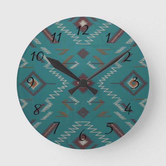 Teal Southwest Navajo Geometric Round Clock (Front)