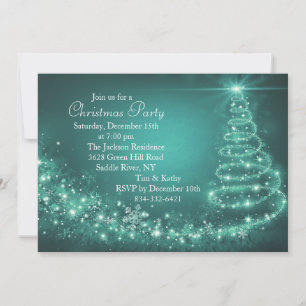 Teal Sparkle Christmas Tree Party Invitation