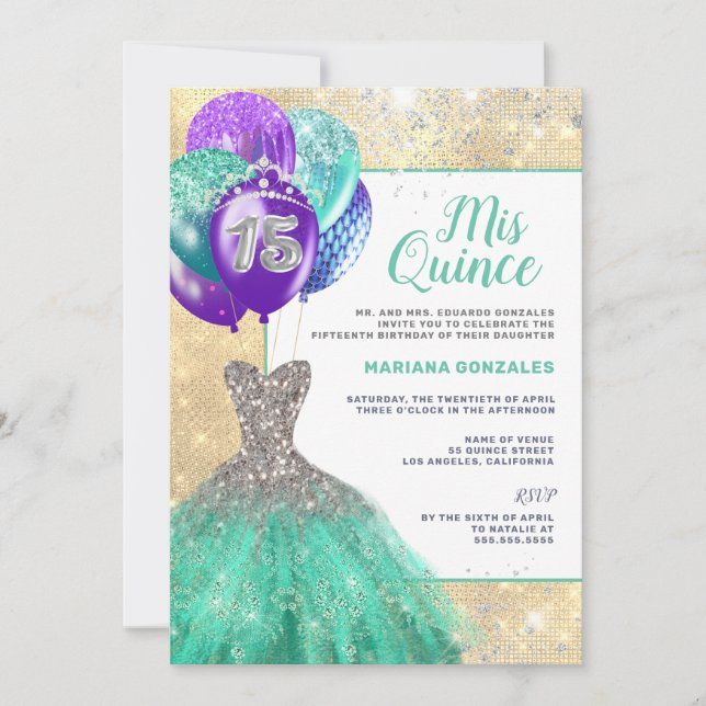 Teal Sparkle Dress Silver Glitter Mis Quinceañera Invitation (Front)