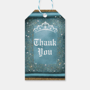 Teal Sparkle & Gold Diamond Tiara Scroll Party Gift Tags