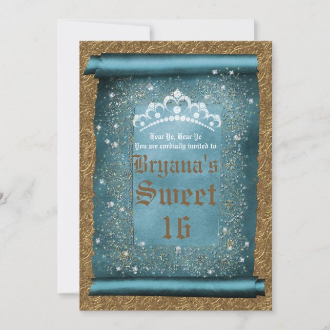Teal Sparkle & Gold Diamond Tiara Scroll Party Invitation (Front)