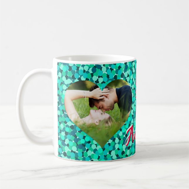 Teal Sparkle Heart Shape Photo  Coffee Mug (Left)